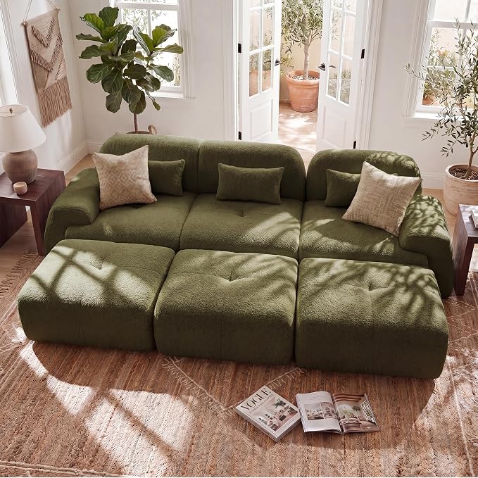 118'' Modular Sectional Cloud Couch Boneless Couches, Oversize Curved Sectional Couches for Living Room, Deep Seat Couch Lambswool Sofa with Ottoman & Throw Pillows, No Assembly, HR Foam