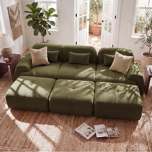 118'' Modular Sectional Cloud Couch Boneless Couches, Oversize Curved Sectional Couches for Living Room, Deep Seat Couch Lambswool Sofa with Ottoman & Throw Pillows, No Assembly, HR Foam