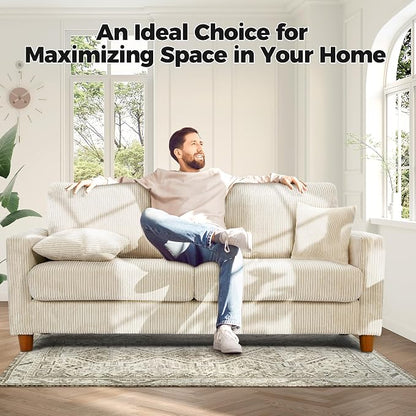 70in Corduroy Couch, Kidirect Sofa No Tool Assembly, Comfy Couches for Living Room 21in Deeper Seats, Corduroy Sofas for Living Room with 2 Pillows, Oversized Loveseat Sofa, Boho Love Seat Beige Couch
