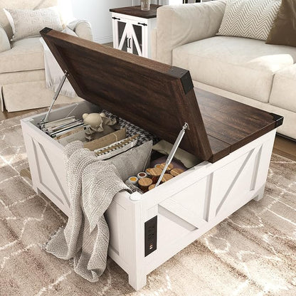 jimeimen Farmhouse Lift Top Coffee Table with Storage, Wood Square Center Table with Charging Station&USB Port, Living Room Table w/Large Hidden Space, for Living Room, Bedroom, Home Office, White