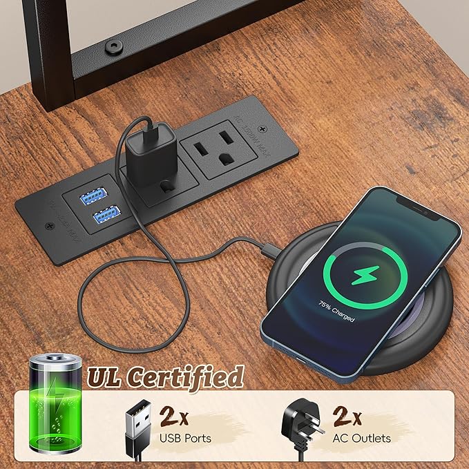 DurayLoly Office Desk with 3 Fabric Drawers & Shelf, Reversible L Shaped Desk Computer Desk with Remote LED Lights, Power Outlet and PC Stand for Home Office Desk, Corner Desk for Bedroom, Brown