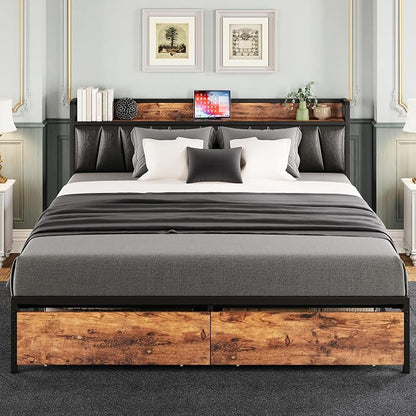 LIKIMIO California King Size Bed Frame with 2 Drawers and Charging Station | Platform Bed with Upholstered Storage Headboard, No Box Spring Needed, Easy Assembly, Sturdy, Vintage Brown and Black