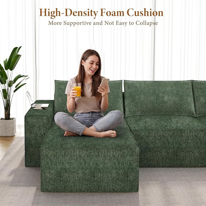Vesgantti 145.6" Modular Boneless Couch, Modern U Shaped 6 Seater Sectional Sofa with 2 Ottoman & Deep Seat, Convertible Chenille Cloud Couches for Living Room, No Assembly Required, Green