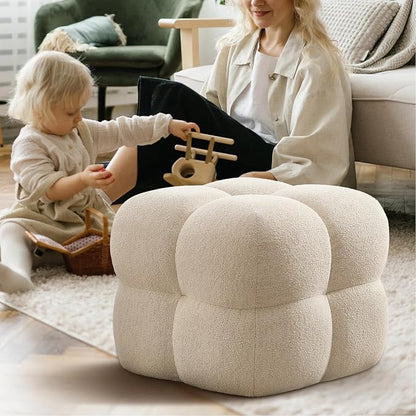 Zesthouse Square Pouf Ottoman, Modern Vanity Chair Backless for Bedroom, Beige Linen Stool Seat Foot Rest, Upholstered Poofy Footstool for Couch, Fabric Ottoman Coffee Table for Living Room