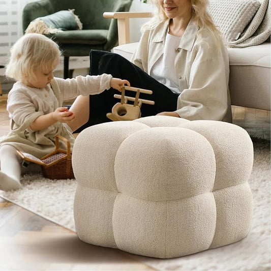 Zesthouse Square Pouf Ottoman, Modern Vanity Chair Backless for Bedroom, Beige Linen Stool Seat Foot Rest, Upholstered Poofy Footstool for Couch, Fabric Ottoman Coffee Table for Living Room
