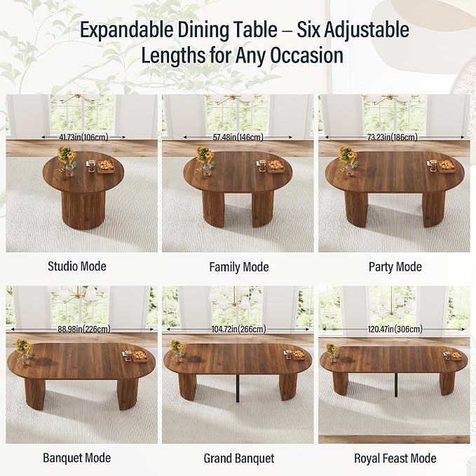 weselon 42"-120" Extendable Dining Table for 4-14, Expandable Oval Dining Room Table with Fluted Pedestal Base & Reinforced Metal Support Leg, Extra Large Modern Kitchen Table (Walnut)