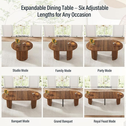weselon 42"-120" Extendable Dining Table for 4-14, Expandable Oval Dining Room Table with Fluted Pedestal Base & Reinforced Metal Support Leg, Extra Large Modern Kitchen Table (Walnut)