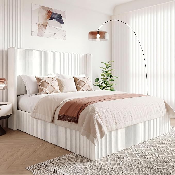 Allewie Full Lift-Up Storage Bed Frame with Modern Wingback Headboard, Corduroy Upholstered Platform Bed, Hydraulic Gas Lift Support, Underbed Storage, Wooden Slats, No Box Spring Needed, White