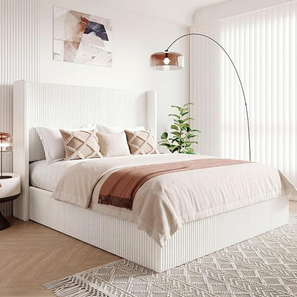 Allewie Full Lift-Up Storage Bed Frame with Modern Wingback Headboard, Corduroy Upholstered Platform Bed, Hydraulic Gas Lift Support, Underbed Storage, Wooden Slats, No Box Spring Needed, White