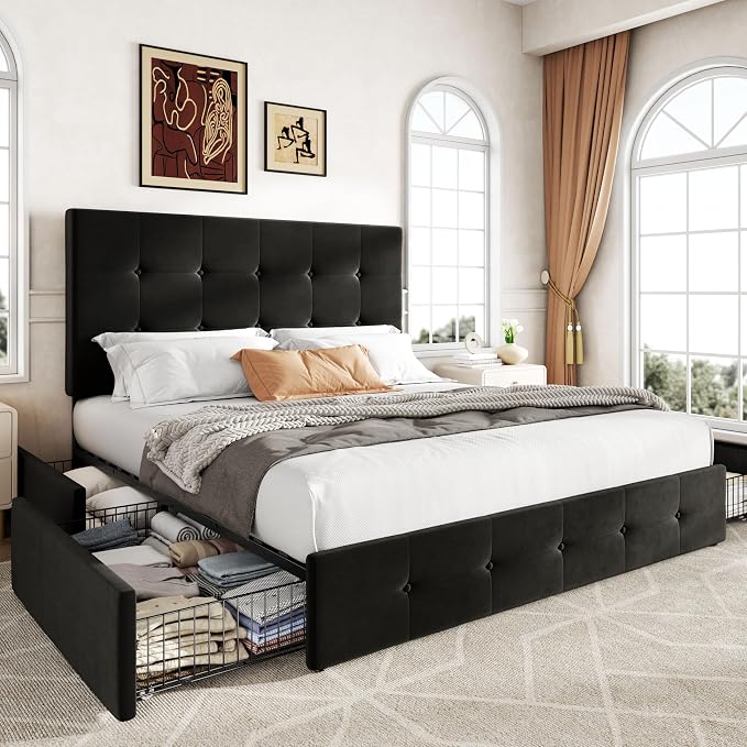 Allewie Upholstered Full Size Platform Bed Frame with 4 Storage Drawers and Adjustable Headboard, Square Button Tufted, Wooden Slats Support, Noise-Free, No Box Spring Needed, Easy Assembly, Black