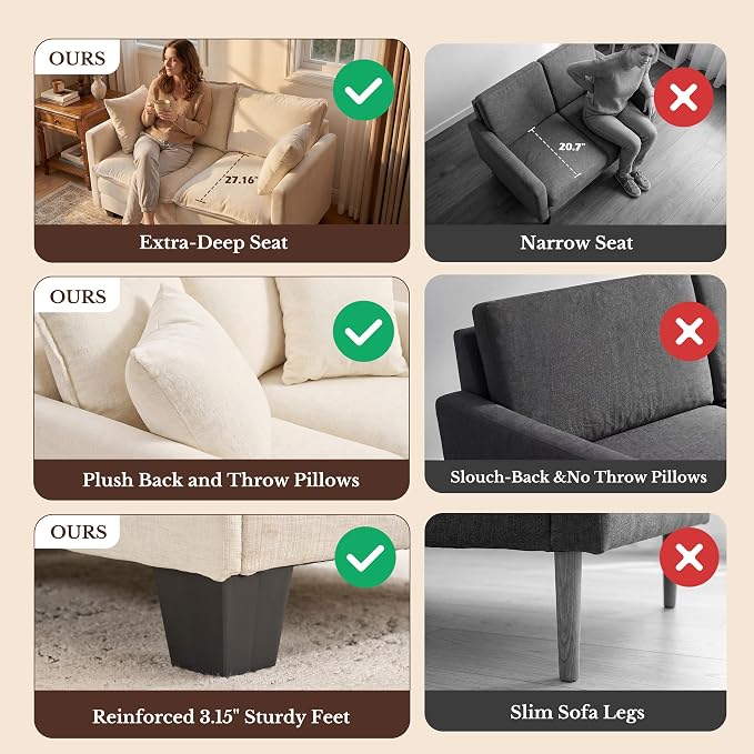 Loveseat Sofa with Cloud 3-Layer Cushion & 27" Deep Seat, Modern Small Couch with 2 Washable Pillows for Small Spaces, Bedroom, Apartment, Office, Living Room, in a Box, 50-Inch Beige