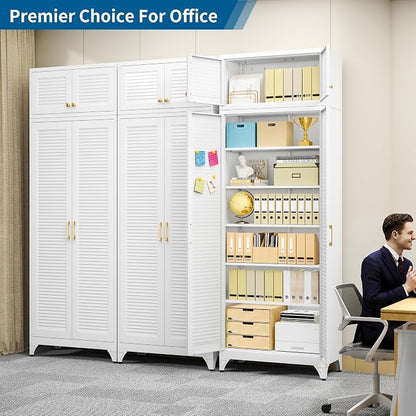 90" Metal Storage Cabinet with Louvered Doors, Heavy Duty Steel Wardrobe, Tall Kitchen Pantry Cabinet with Adjustable Shelves, 2 Packages, White