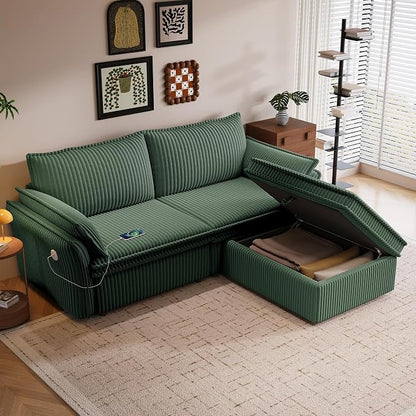 85'' Sofa Bed Full Size, Tool-Free Assembly, 3 in 1 Convertable Sleeper Sofa, Corduroy Couches with Pull Out Bed, USB & Storage, Modern Loveseat for Small Space, Living Room, Corduroy Green