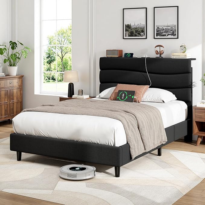 EnHomee Twin Size Bed Frame with Upholstered Headboard,Adjustable Height Platform Bed,Charging Station,No Box Spring Needed,Easy Assembly,Noise-Free Black