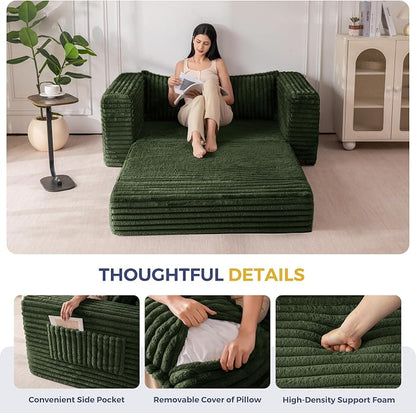 MAXYOYO Convertible Sofa Bed, 2 in 1 Folding Couch Bed for Small Space, Pull Out Loveseat Sofa Couch with Large Back Pillow, Plush Fabric Lounge Couch for Living Room, Apartment, Dark Green