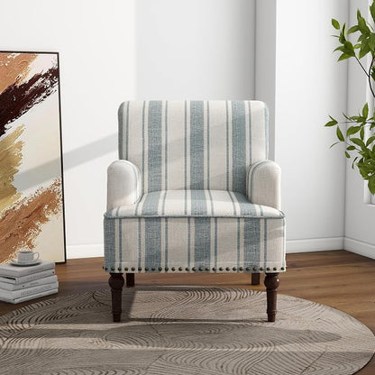 Accent Chair, Mid Century Modern Comfy Armchair for Living Room, Linen Fabric Single Sofa Lounge for Reading Bedroom Apartment Waiting Room with Wood Legs (Blue Stripe, Set of 2)