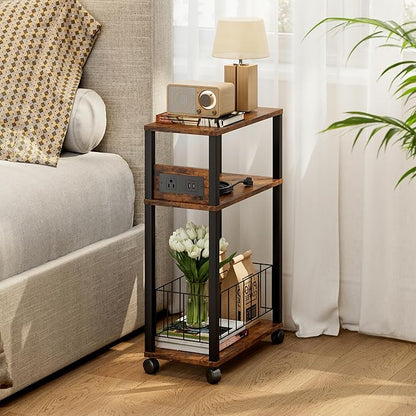 DGSANDGO Narrow Rolling Side Table with Charging Station (Outlets/USB Ports) & Storage Basket - Small Space End Table for Living Room Bedroom Office (Rustic Brown)