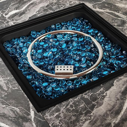 32" Propane Gas Fire Pit Table, 50,000 BTU Square Outdoor Fire Pit with Ceramic Tile Top & Glass Wind Guard, Steel Patio Fire Table with Lid, Blue Glass Beads & Rain Cover, Gray