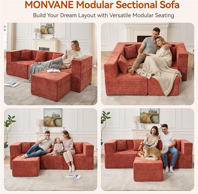 MONVANE 103'' Modular Sectional Sofa, Cloud Sectional Couch with Ottoman, Convertible Chenille L Shaped Couch with Deep Seat, Sectional Couches for Living Room Bedroom, No Assembly Required, Rust Red