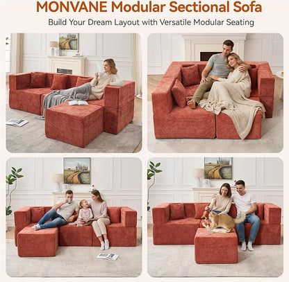 MONVANE 103'' Modular Sectional Sofa, Cloud Sectional Couch with Ottoman, Convertible Chenille L Shaped Couch with Deep Seat, Sectional Couches for Living Room Bedroom, No Assembly Required, Rust Red