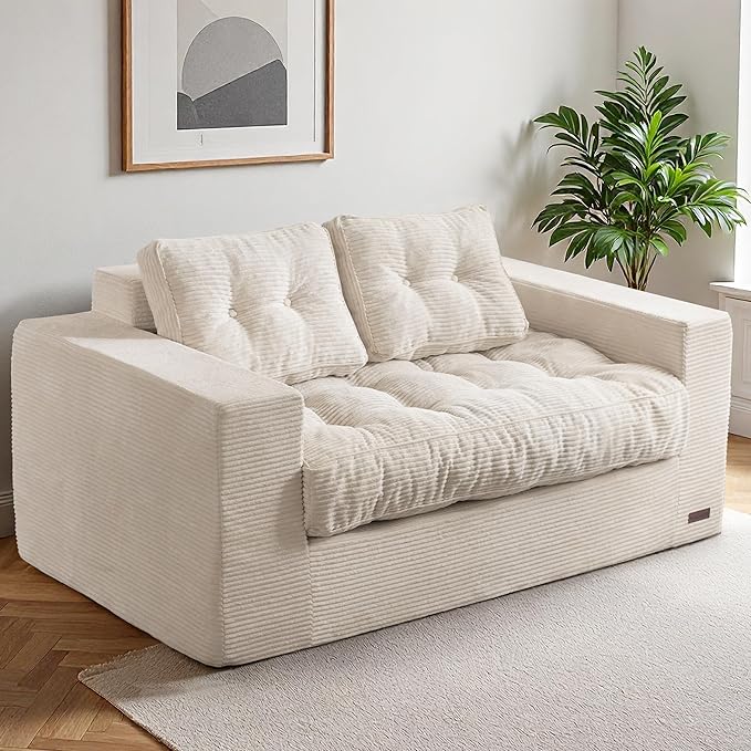 MAXYOYO Loveseat Sofa Couch, Upholstered Bean Bag Chair Cloud 2-Seat for Adults, Boneless Couch with Tufted Cushion & Pillows, Sofa in A Box, No Assembly Required, Beige