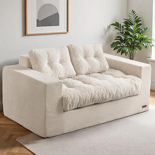 MAXYOYO Loveseat Sofa Couch, Upholstered Bean Bag Chair Cloud 2-Seat for Adults, Boneless Couch with Tufted Cushion & Pillows, Sofa in A Box, No Assembly Required, Beige