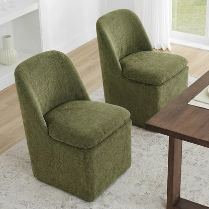 KISLOT Upholstered Dining Chairs Set of 4 with Casters, Modern Side Armless Deskchair with Washable Slipcover & Sturdy Metal Frame for Diningroom Bedroom Livingroom Reading Room, Green Fabric