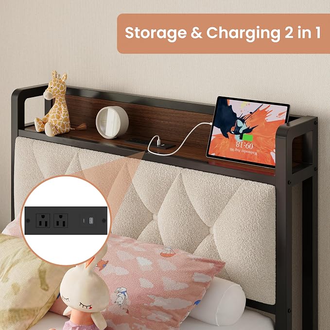 ANCTOR Twin XL Bed Frame, Storage Headboard with Charging Station, Platform Bed Frame with Strong Metal Support, Sturdy and Stable, Noise Free, No Box Spring Needed, Easy Assembly, Walnut