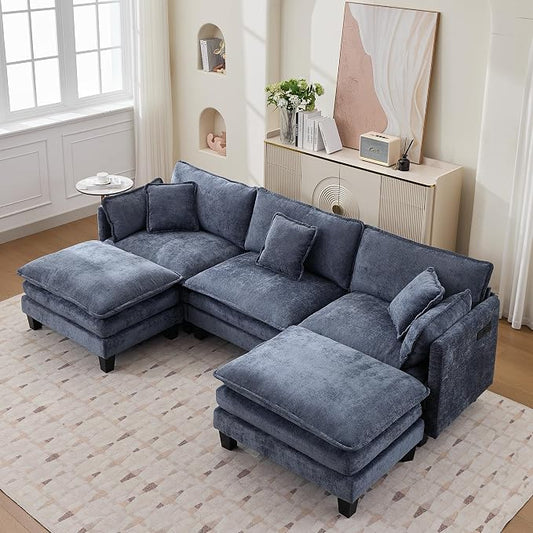 Opiesit Modular Sectional Sofa with Movable Ottoman, 110" 5-Seat Modern Couches for Living Room, Comfy U Shaped Couch Set with Deep Seat for Office and Apartment, Blue Chenille Fabric