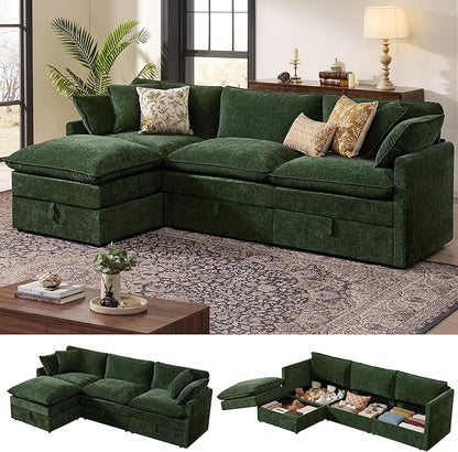 Ihanherry 103" Modular Sectional Sofa with Storage, L Shaped Cloud Couch with Movable Ottomans & 4 Pillows, Chenille Deep Seat Sectional Couches for Living Room, Apartment (Green)