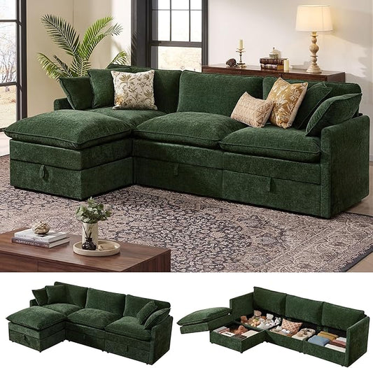 Ihanherry 103" Modular Sectional Sofa with Storage, L Shaped Cloud Couch with Movable Ottomans & 4 Pillows, Chenille Deep Seat Sectional Couches for Living Room, Apartment (Green)