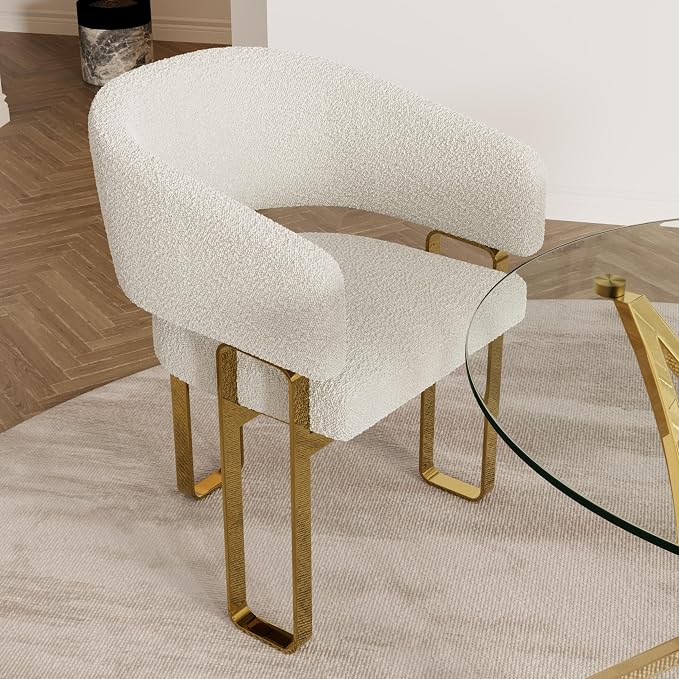Boucle Dining Chairs Set of 7, White Barrel Dining Chairs with Arms and U-Shaped Mirrored Gold Legs, Modern Side Chairs for Dining Table, Kitchen and Dining Room Restaurant Recepition