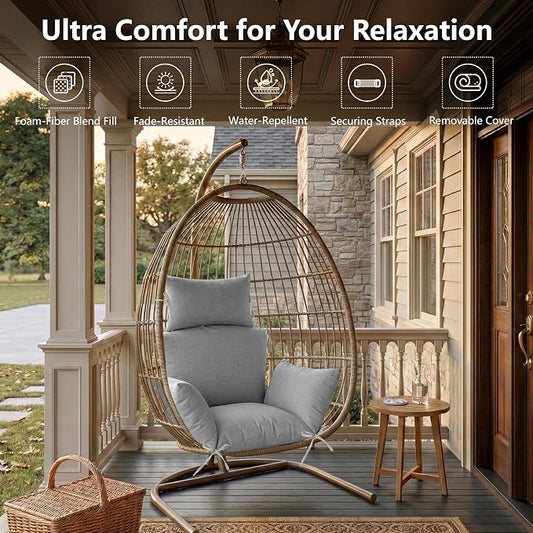 Egg Chair Cushion with 8 Securing Straps, Water-Repellent & Fade-Resistant Faux Linen, Removable Cover, Replacement Cushion for Most Single Outdoor Hanging Swing Egg Chairs – Light Grey