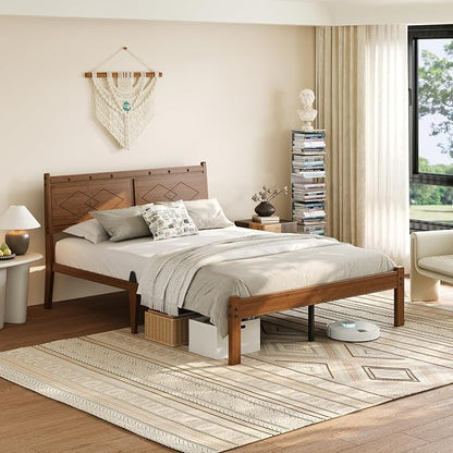 RLDVAY Queen Bamboo Platform Bed, Mid-Century 14" Queen Bed Frame, Walnut Bed Frame Queen Size with Solid Headboard/Footboard, Sturdy Metal Slats Support, No Box Spring Needed, Easy Assembly
