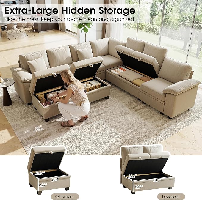 107.8" Oversized Modular Sectional Sofa with Pull Out Bed, 9 Seat U Shaped Sectional Sleeper Sofa with 291L Storage, Convertible Cloud Couch Bed, Sectional Couches for Living Room, Apartment (Sand)