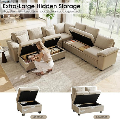 107.8" Oversized Modular Sectional Sofa with Pull Out Bed, 9 Seat U Shaped Sectional Sleeper Sofa with 291L Storage, Convertible Cloud Couch Bed, Sectional Couches for Living Room, Apartment (Sand)