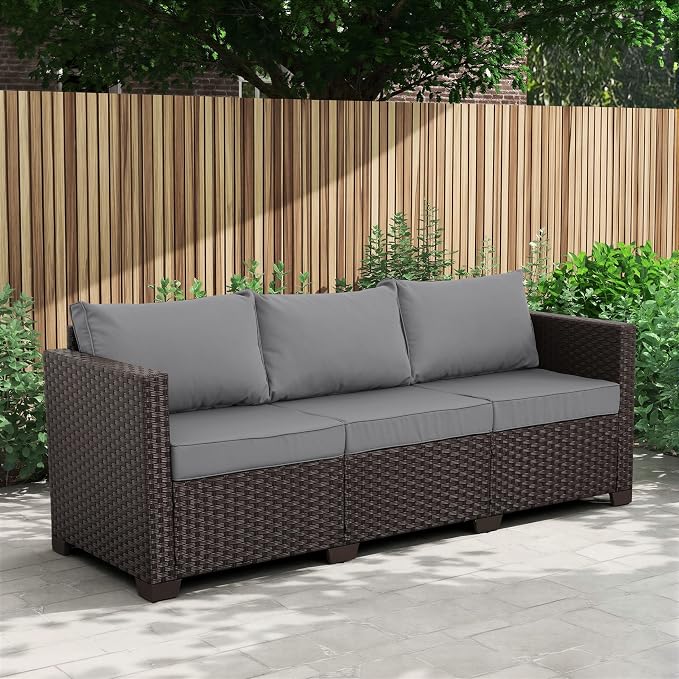 Valita Patio Furniture 3-seat Sofa Brown Wicker Outdoor Furniture Outdoor Couch Deep Seat High Backrest Waterproof Cover Anti-Slip Washable Cushions, Grey