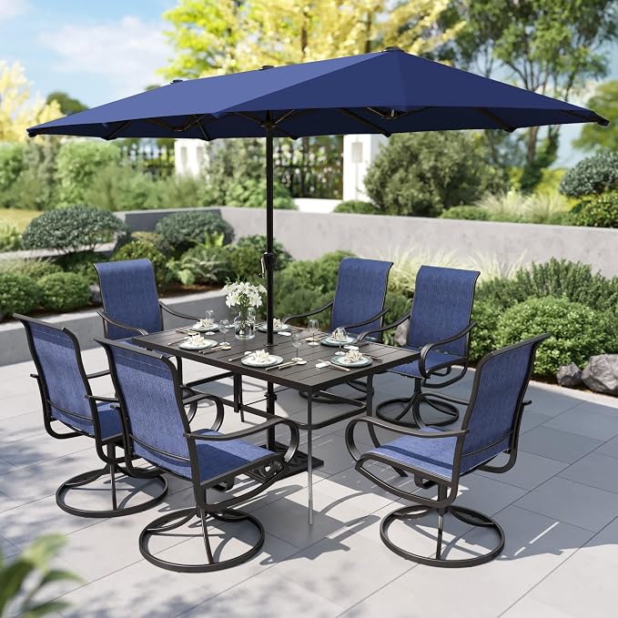 PHI VILLA Outdoor Dining Set with Umbrella for 6, Swivel Mesh Chairs | Includes 1 rectangle metal table, 6 textilene chairs and 13ft blue umbrella(NO BASE), designed for deck, backyard, garden