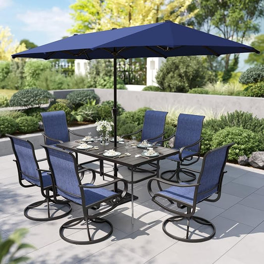 PHI VILLA Outdoor Dining Set with Umbrella for 6, Swivel Mesh Chairs | Includes 1 rectangle metal table, 6 textilene chairs and 13ft blue umbrella(NO BASE), designed for deck, backyard, garden