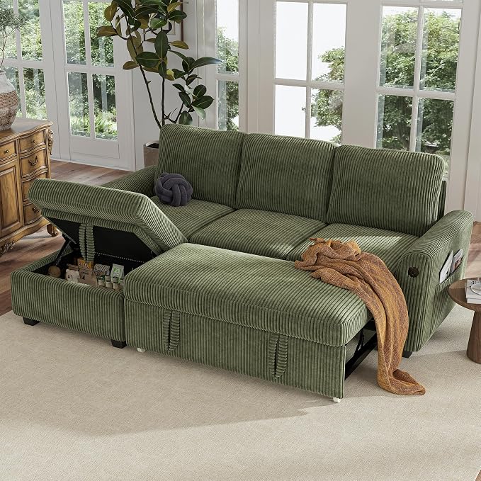 Hanherry 81" Sectional Couch with Pull Out Bed,3 Seat Corduroy Sleeper Sofa with Storage Ottoman & USB Charging,Comfy L Shaped Modular Couches for Living Room,Apartment