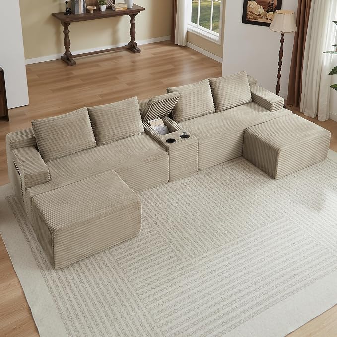 ivoros 140 Inch Modular Sectional Sofa Couch, Oversized Modern Cloud Couch for Living Room, U Shape Couches with 2 Ottomans and Cup Holders, Camel Corduroy Boneless Sofas, Sofa in a Box