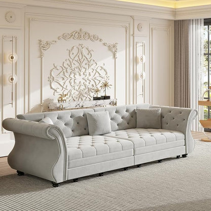 97.6" Oversized Pull Out Sofa Bed, Chesterfield Velvet Sleeper Sofa Couch with Roll Arm & Flower Tufting, Heavy Duty Metal Frame Convertible Sofa for Living Room, Apartment, Guest Room, Light