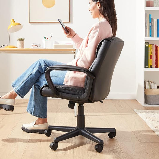 Amazon Basics Office Task Chair with Adjustable Height, 360° Swivel, Padded Armrests, Mid-Back, Rolling, 275 Pound Capacity, 24.2"D x 24"W x 34.8"H, Black Faux Leather