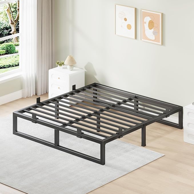 Queen Bed Frame, 12 Inch Metal Platform Bed Frames with Squeak Free U-Slot Design, 6 Non-Slip Guards, 3500lbs Heavy Duty Steel Slat Support, No Box Spring Needed, Under Bed Storage, Black