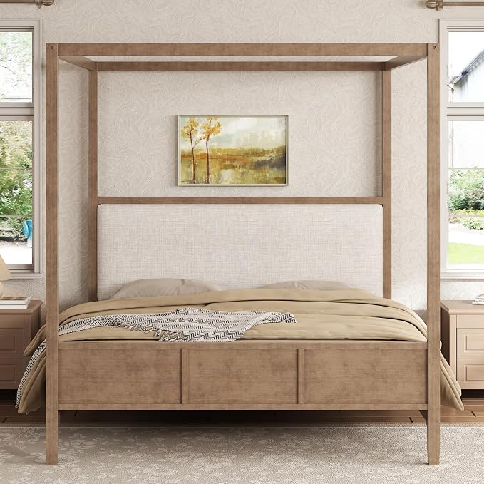 Merax King Size Canopy Bed with Upholstered Headboard, Wooden Platform Bed Frame with 4-Posters, Solid Wood Slat Support, No Box Spring Needed