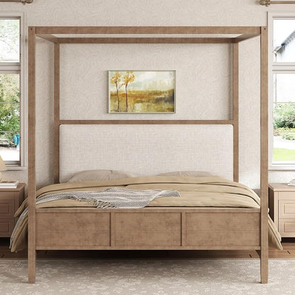 Merax King Size Canopy Bed with Upholstered Headboard, Wooden Platform Bed Frame with 4-Posters, Solid Wood Slat Support, No Box Spring Needed