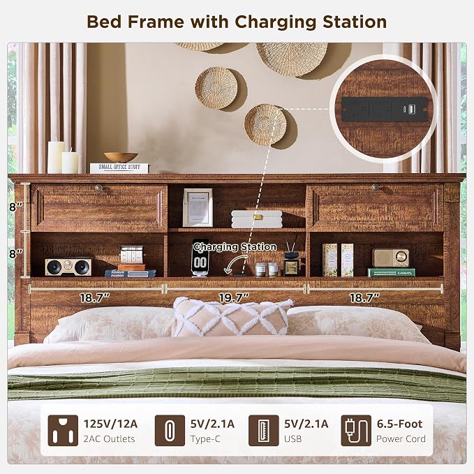 Farmhouse Queen Size Bed Frame with 54" Tall Headboard, Headboard with 4 Storage Rack, 2 Drawers, Wood Platform Bed Frame,18" Roman Column Decoration Footboard,No Box Spring Needed(Reclaimed Barnwood)