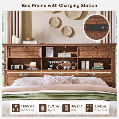 Farmhouse Queen Size Bed Frame with 54" Tall Headboard, Headboard with 4 Storage Rack, 2 Drawers, Wood Platform Bed Frame,18" Roman Column Decoration Footboard,No Box Spring Needed(Reclaimed Barnwood)