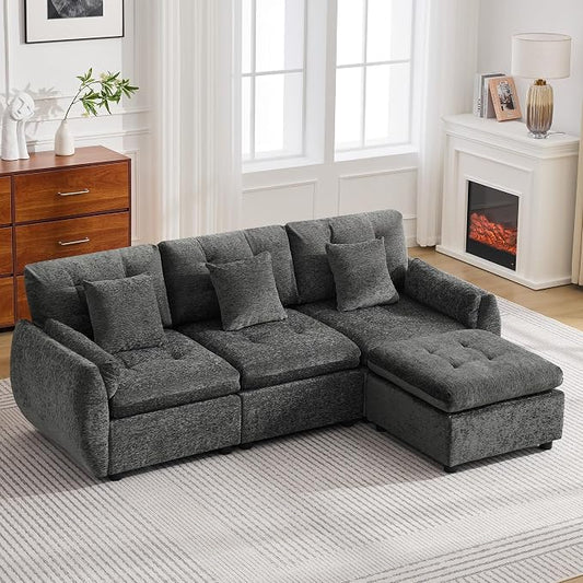 84" L Shaped Modular Sectional Cloud Sofa with Ottoman, Deep Seat Tufted Chenille 4-Seater Couch with Curved Arms, Dark Grey
