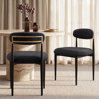 Morden Fort Black Dining Chairs Set of 2, Boucle Upholstered Kitchen Chairs with Curved Backs and Gold Metal Frame for Dining Room and Apartment, Black